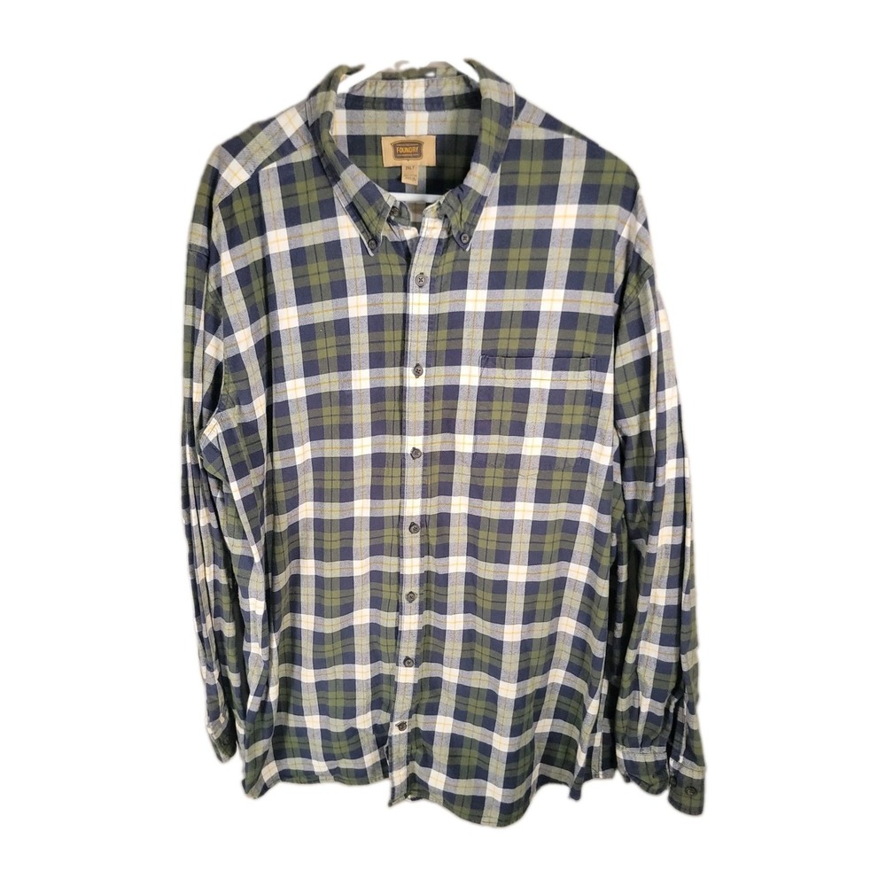 The Foundry Mens 2XLT Flannel Shirt Olive Navy Plaid Button Down Grunge Tall